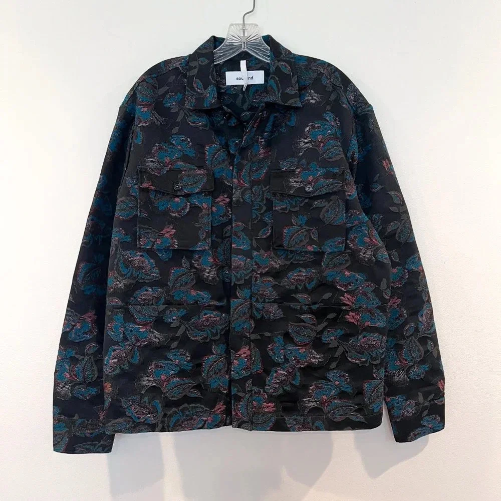 Soulland Black Floral Collared Bohemian Festival Style Button Down Canvas Jacket - Picture 12 of 12